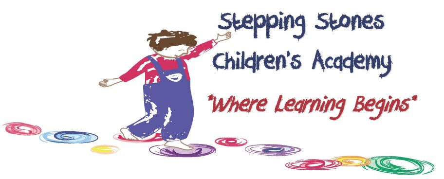 Child in overalls walking on colorful stones. Text: "Stepping Stones Children's Academy" and "Where Learning Begins.